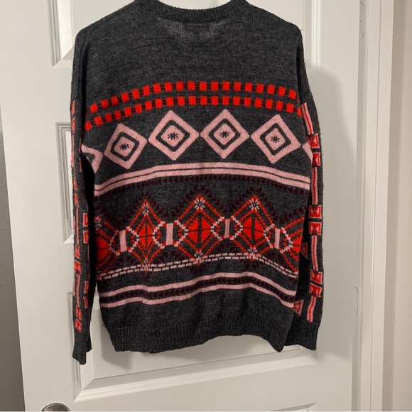 J CREW Abstract Fiar Isle Nordic Sweater M preppy grey red mohair wool blend - Picture 9 of 16